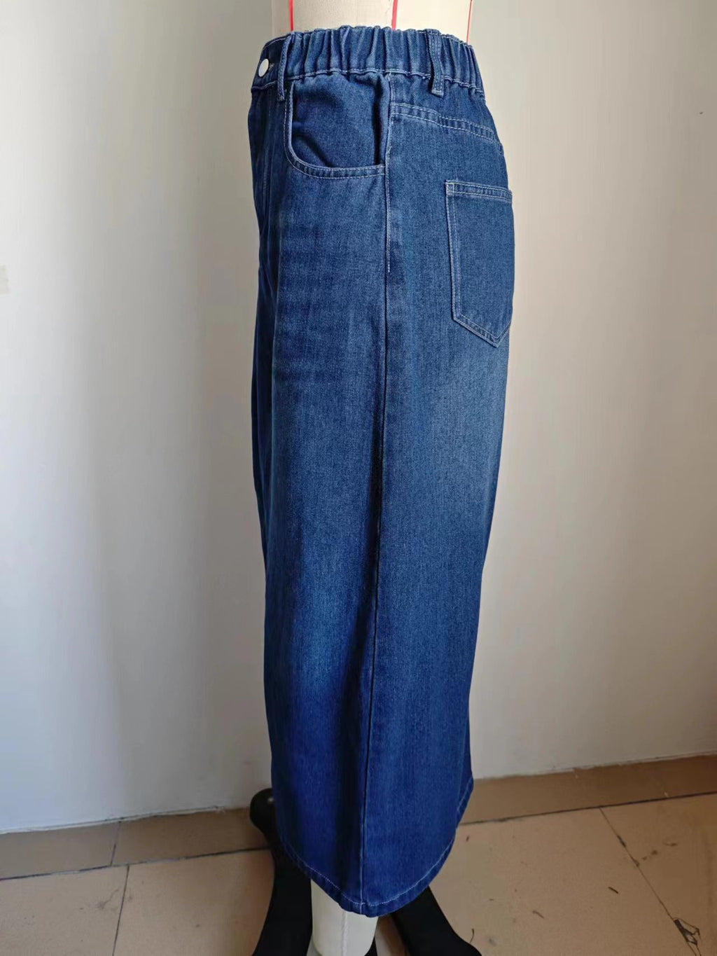 High Rise Front Split Denim Midi Skirt - Dark Blue - 6