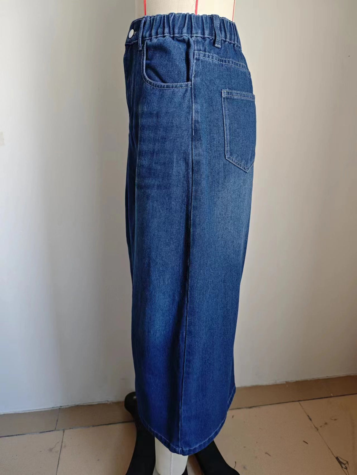 High Rise Front Split Denim Midi Skirt - Dark Blue - 6