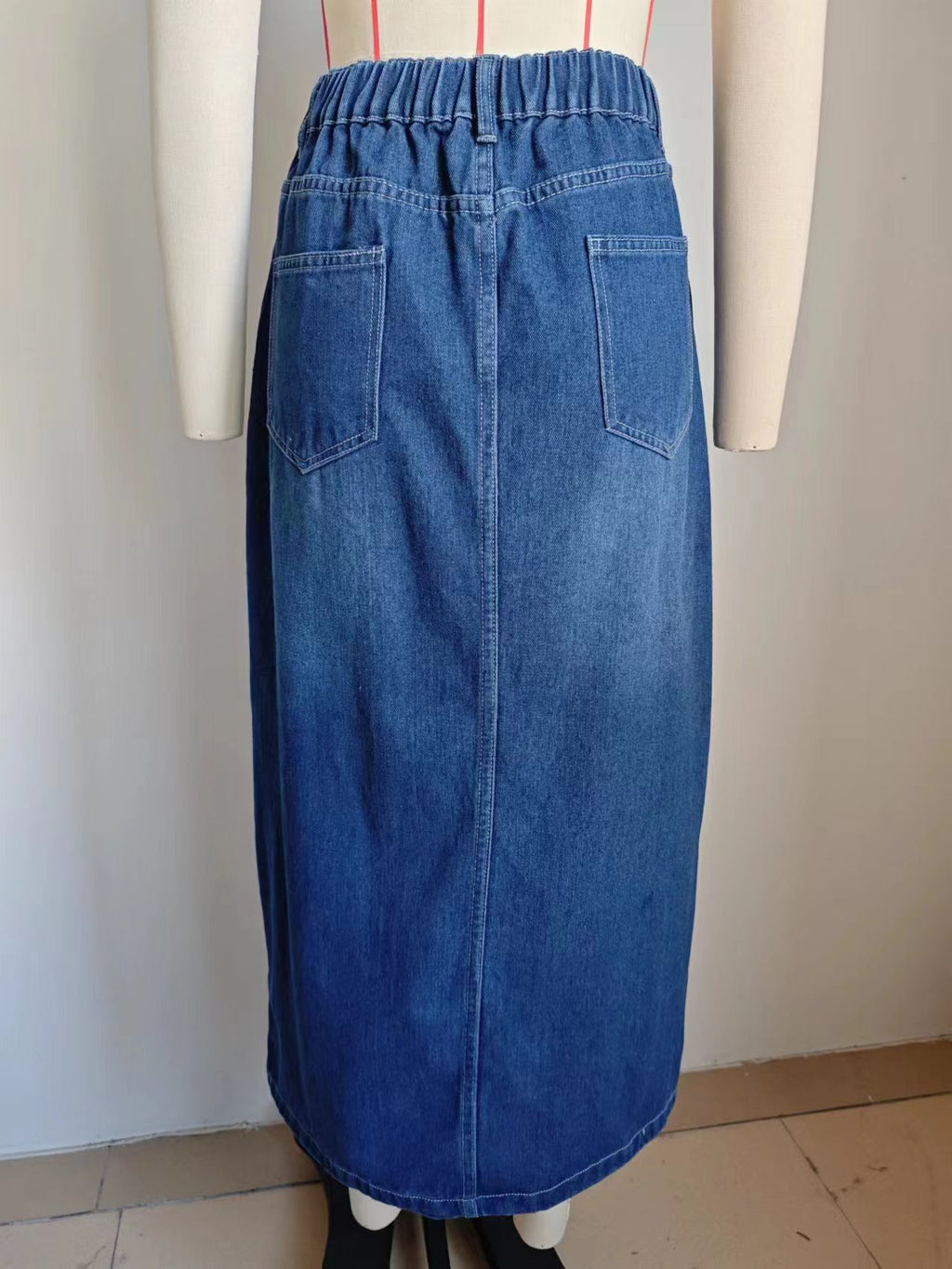 High Rise Front Split Denim Midi Skirt - Dark Blue - 7