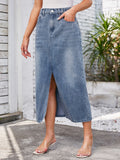 High Rise Front Split Denim Midi Skirt - Light blue
