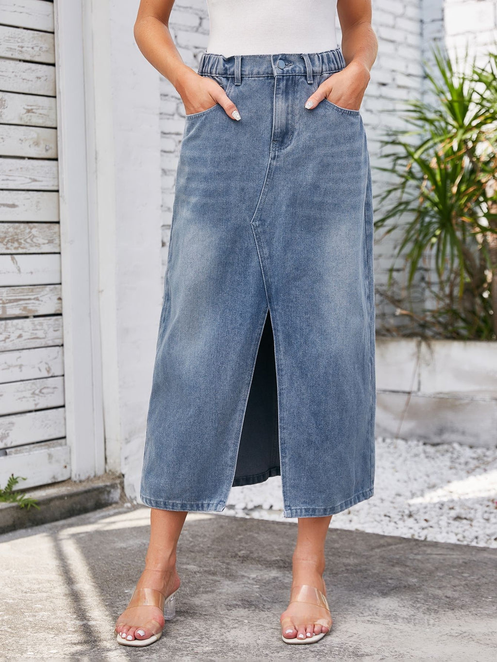 High Rise Front Split Denim Midi Skirt - Light blue - 1