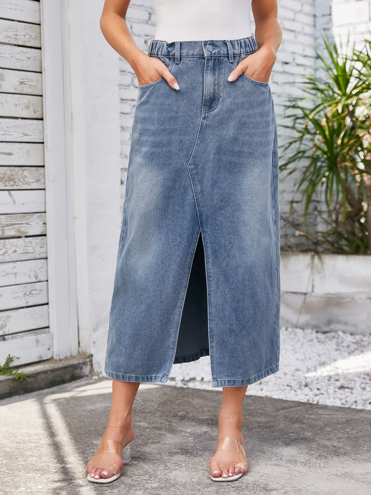 High Rise Front Split Denim Midi Skirt - Light blue - 1