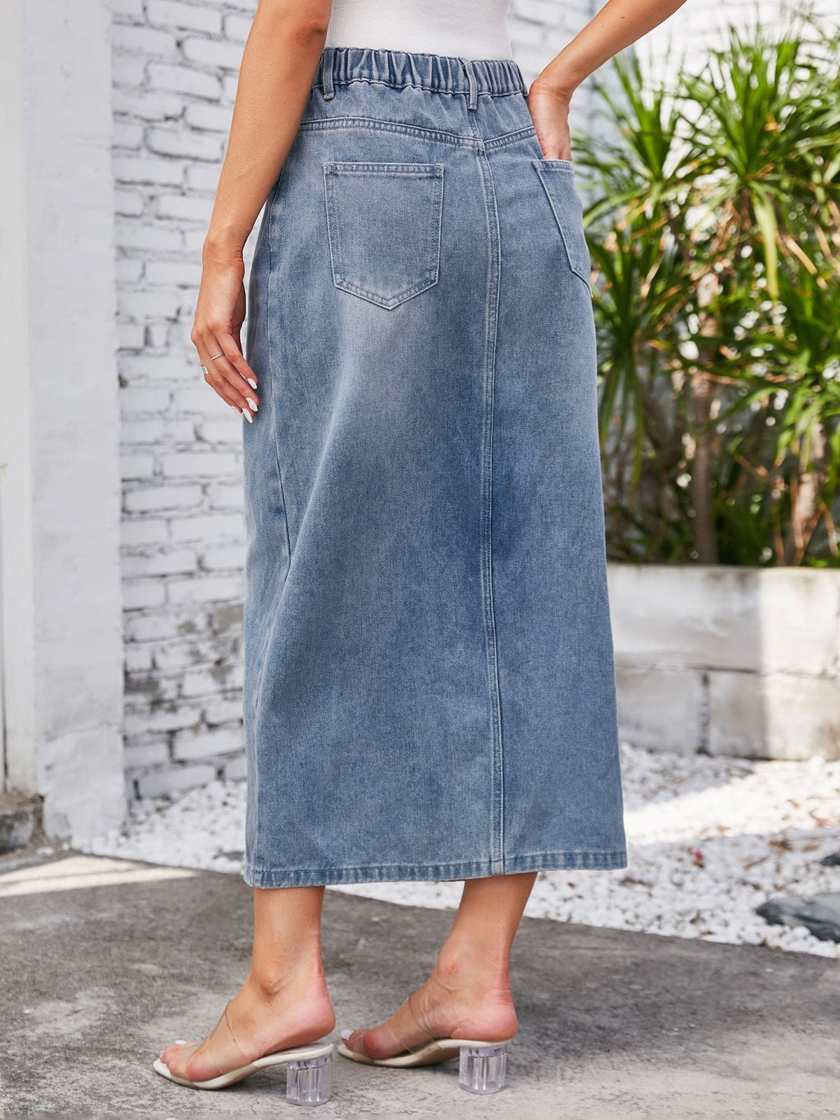 High Rise Front Split Denim Midi Skirt - Light blue - 5