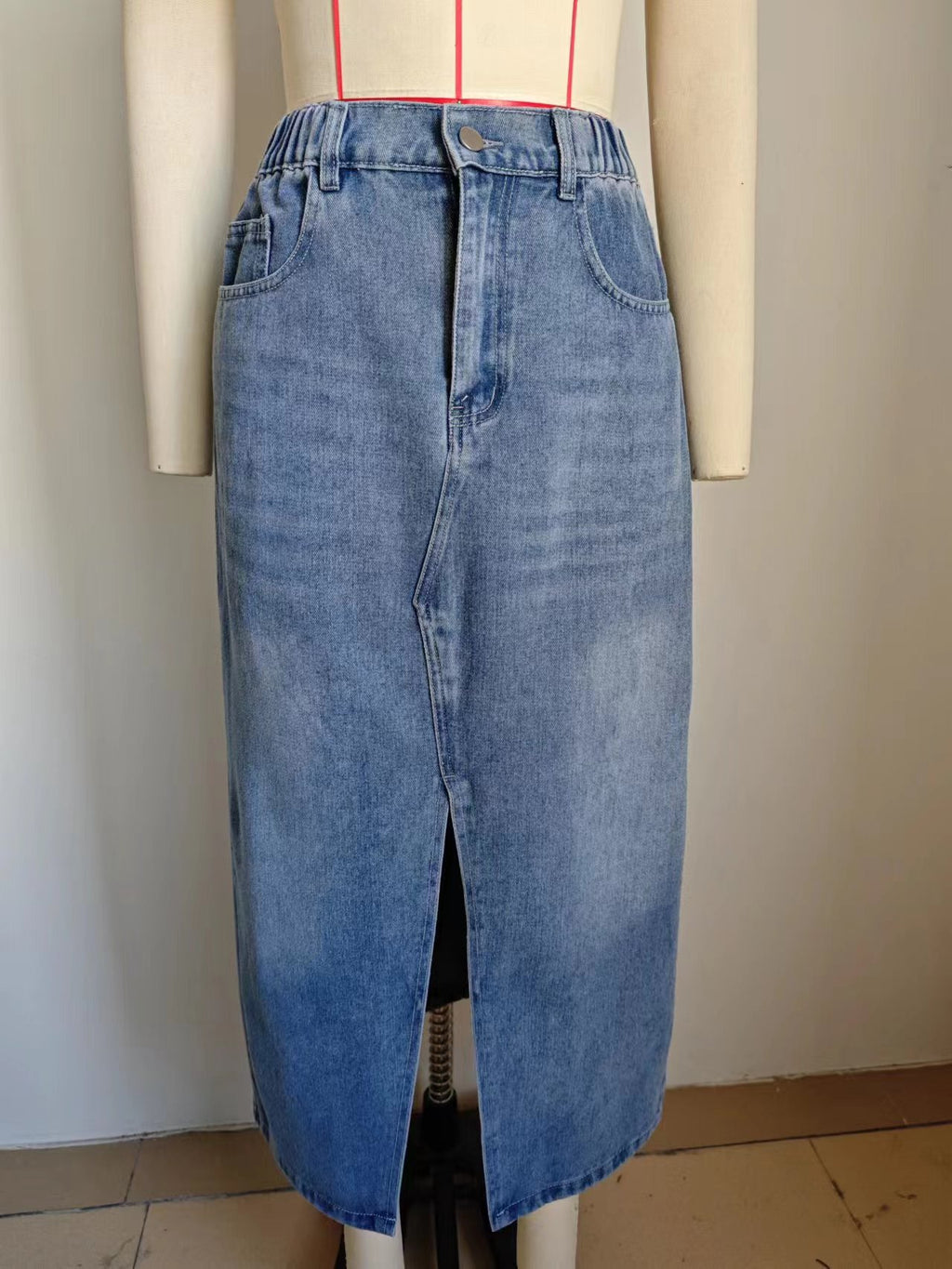 High Rise Front Split Denim Midi Skirt - Light blue - 7