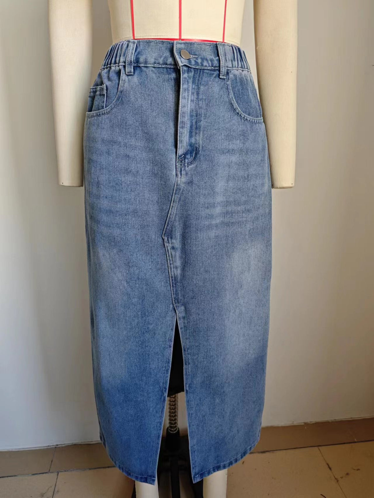 High Rise Front Split Denim Midi Skirt - Light blue - 7