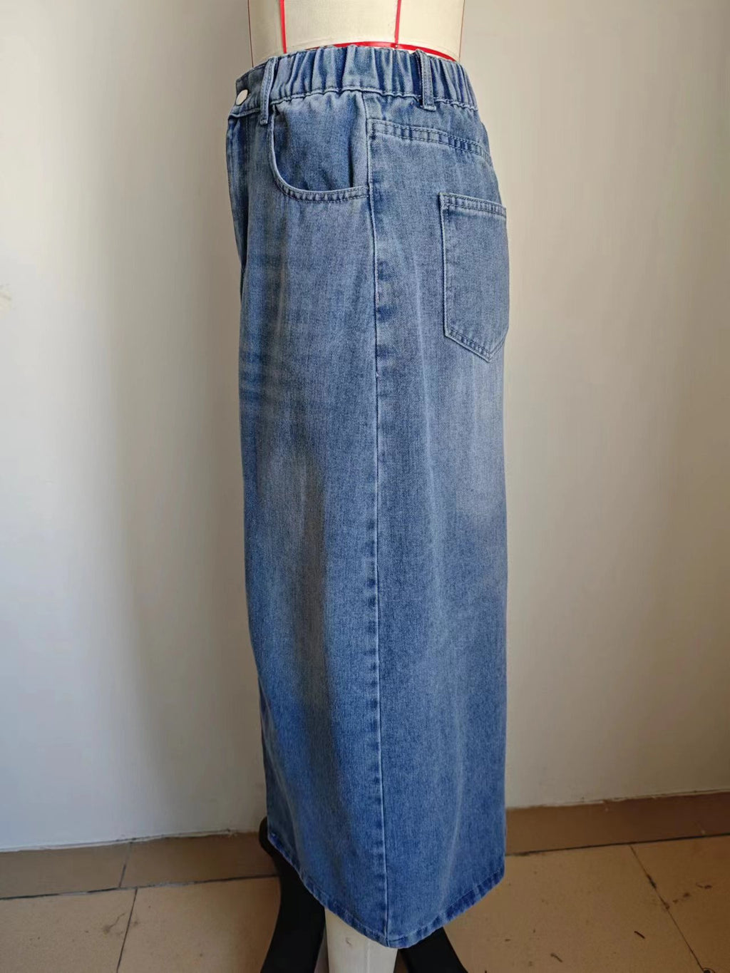 High Rise Front Split Denim Midi Skirt - Light blue - 8