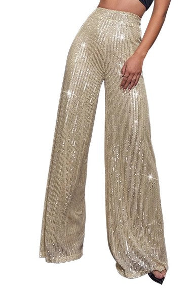 Sequin Palazzo Trousers With High Rise Waist - Beige
