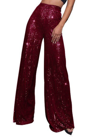 Sequin Palazzo Trousers With High Rise Waist - Burgundy