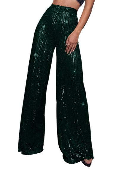 Sequin Palazzo Trousers With High Rise Waist - Forest