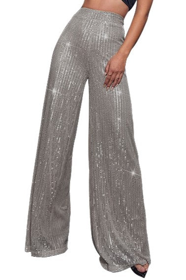 Sequin Palazzo Trousers With High Rise Waist - Grey