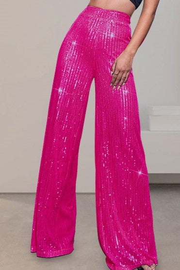 Sequin Palazzo Trousers With High Rise Waist - Hot_pink