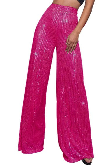 Sequin Palazzo Trousers With High Rise Waist - Hot_pink - 1
