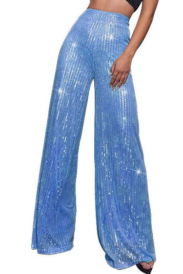 Sequin Palazzo Trousers With High Rise Waist - LT-Blue