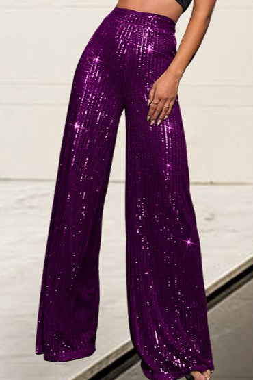 Sequin Palazzo Trousers With High Rise Waist - Purple - 1