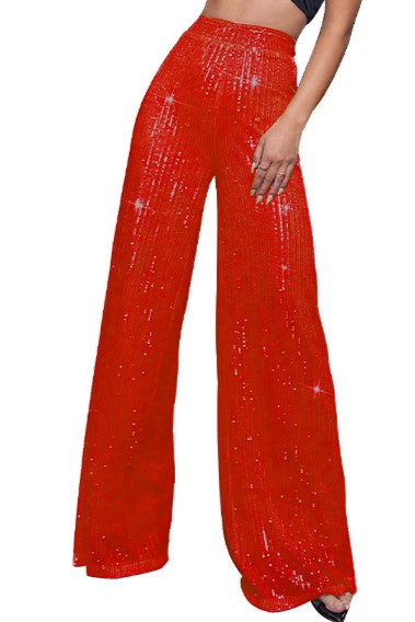 Sequin Palazzo Trousers With High Rise Waist - Red