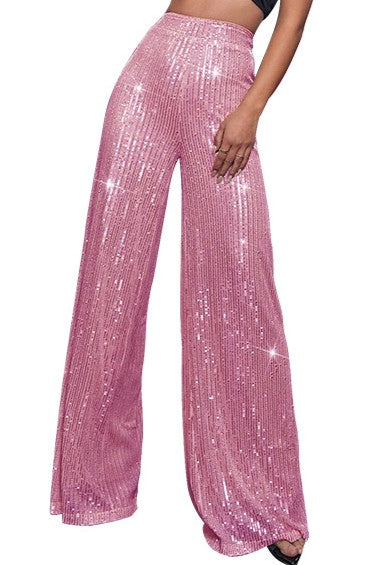 Sequin Palazzo Trousers With High Rise Waist - Rose Gold