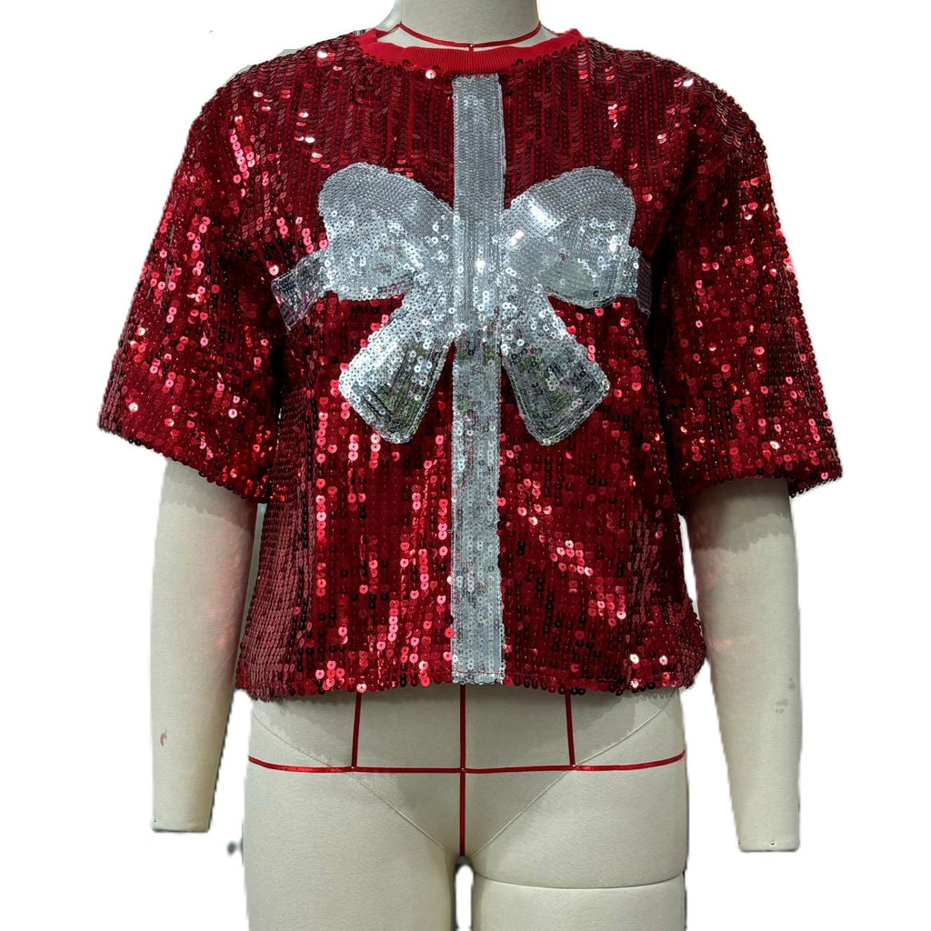 Sequin Game Day Oversized Tee - Bow