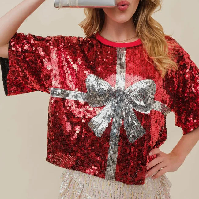 Sequin Game Day Oversized Tee - Bow - 1