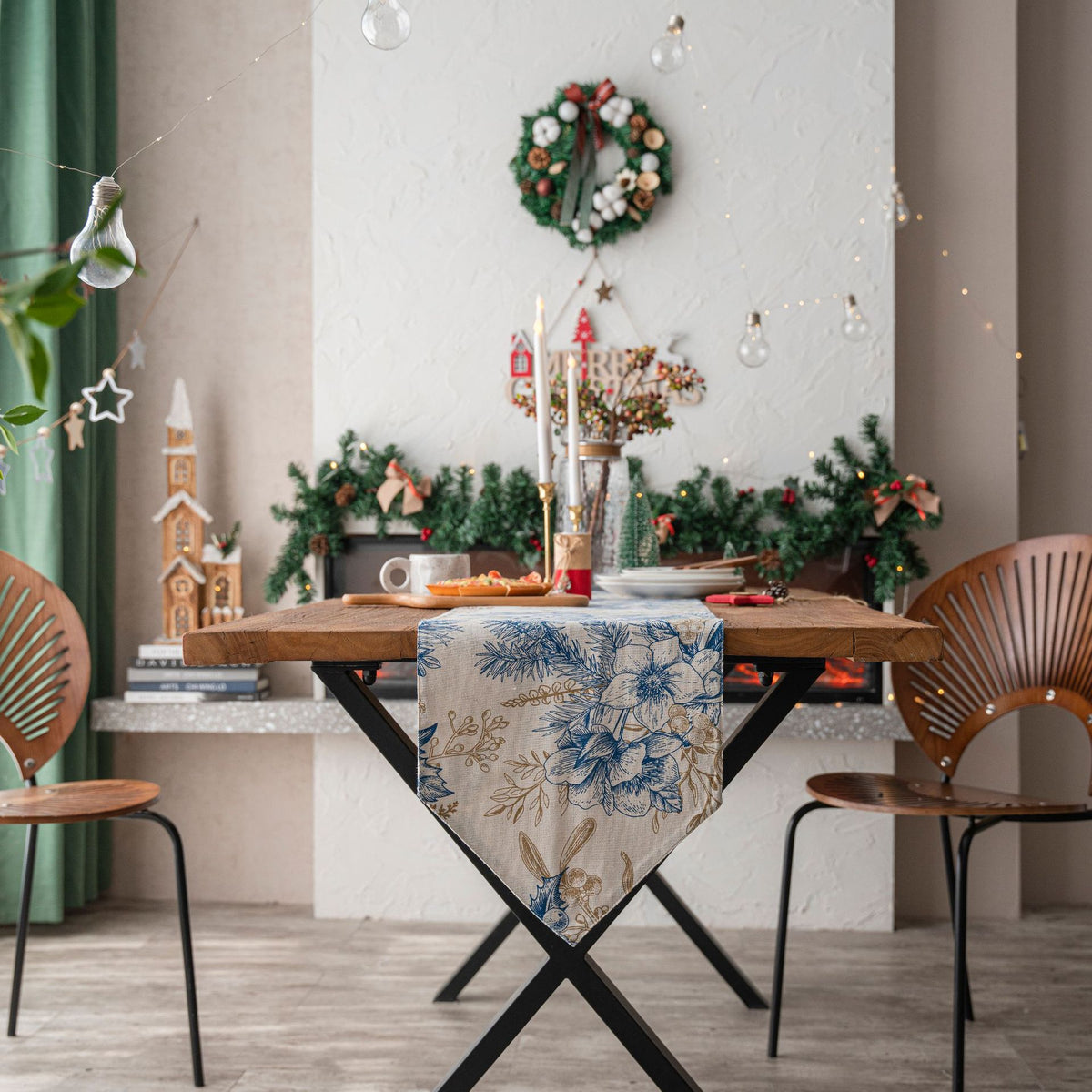 Christmas Table Runner in Festive Holiday Prints - Pinecone