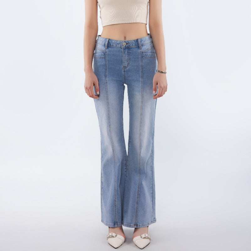 Light Wash Seam Front Flare Jeans - Blue