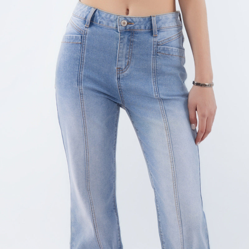 Light Wash Seam Front Flare Jeans - Blue - 2