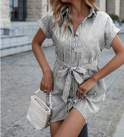 Striped Belted Button Down Shirt Dress - LightGray