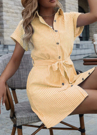 Striped Belted Button Down Shirt Dress - view 3