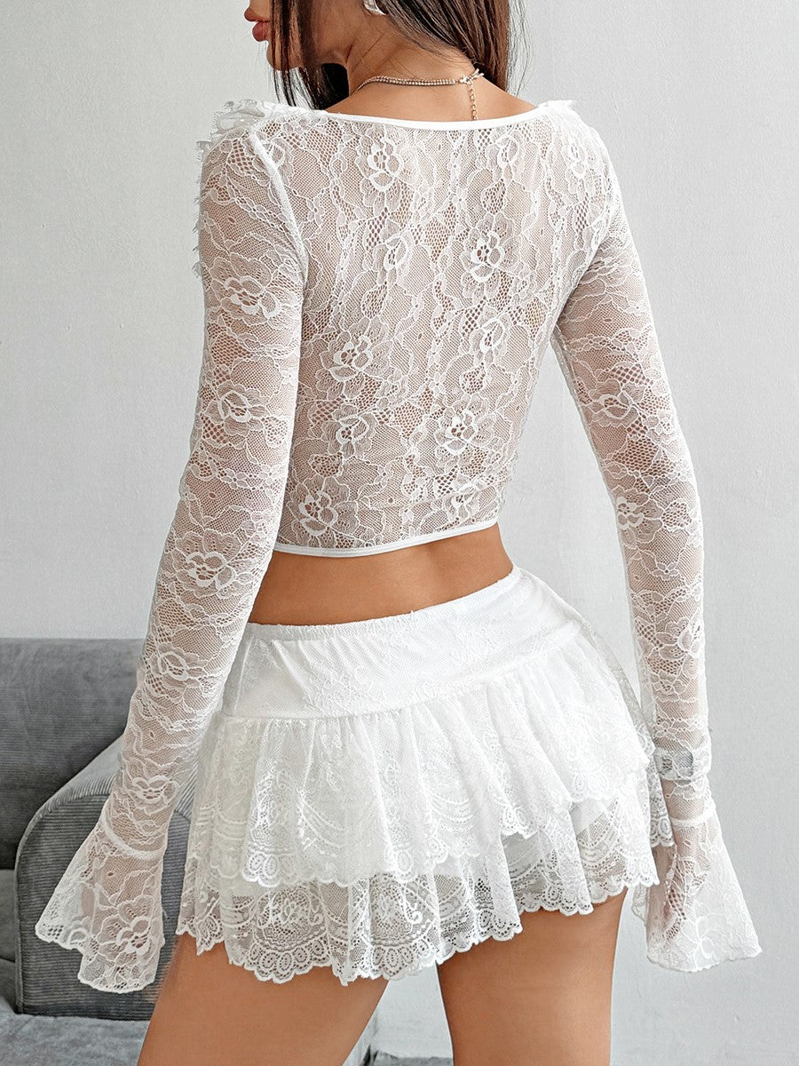 Sheer Lace Flare Sleeve Bustier Corset - White - 5