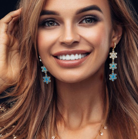 Triple Snowflake Drop Earrings - Blue - 3