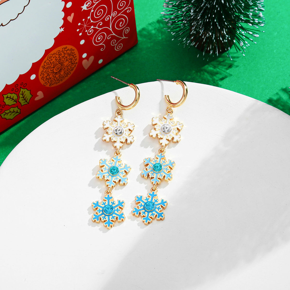 Triple Snowflake Drop Earrings - Blue - 4