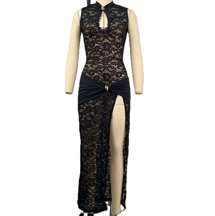 Sheer Lace Sleeveless High Slit Maxi Dress - Black - 1