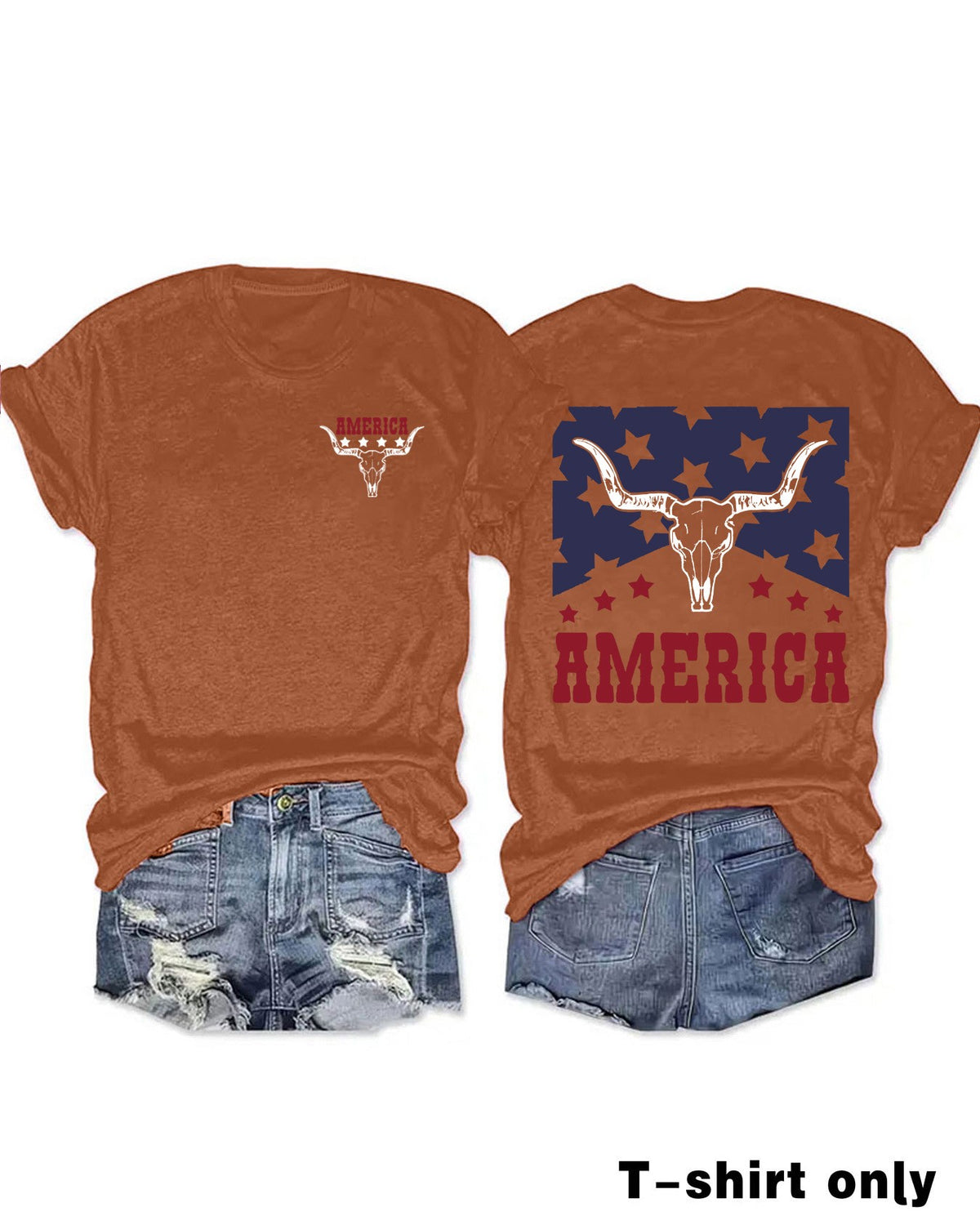 Western Longhorn Skull Stars Graphic Tee - Brown