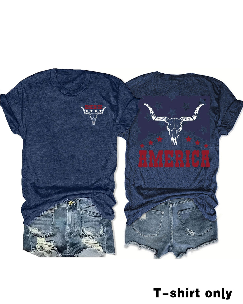 Western Longhorn Skull Stars Graphic Tee - DarkBlue