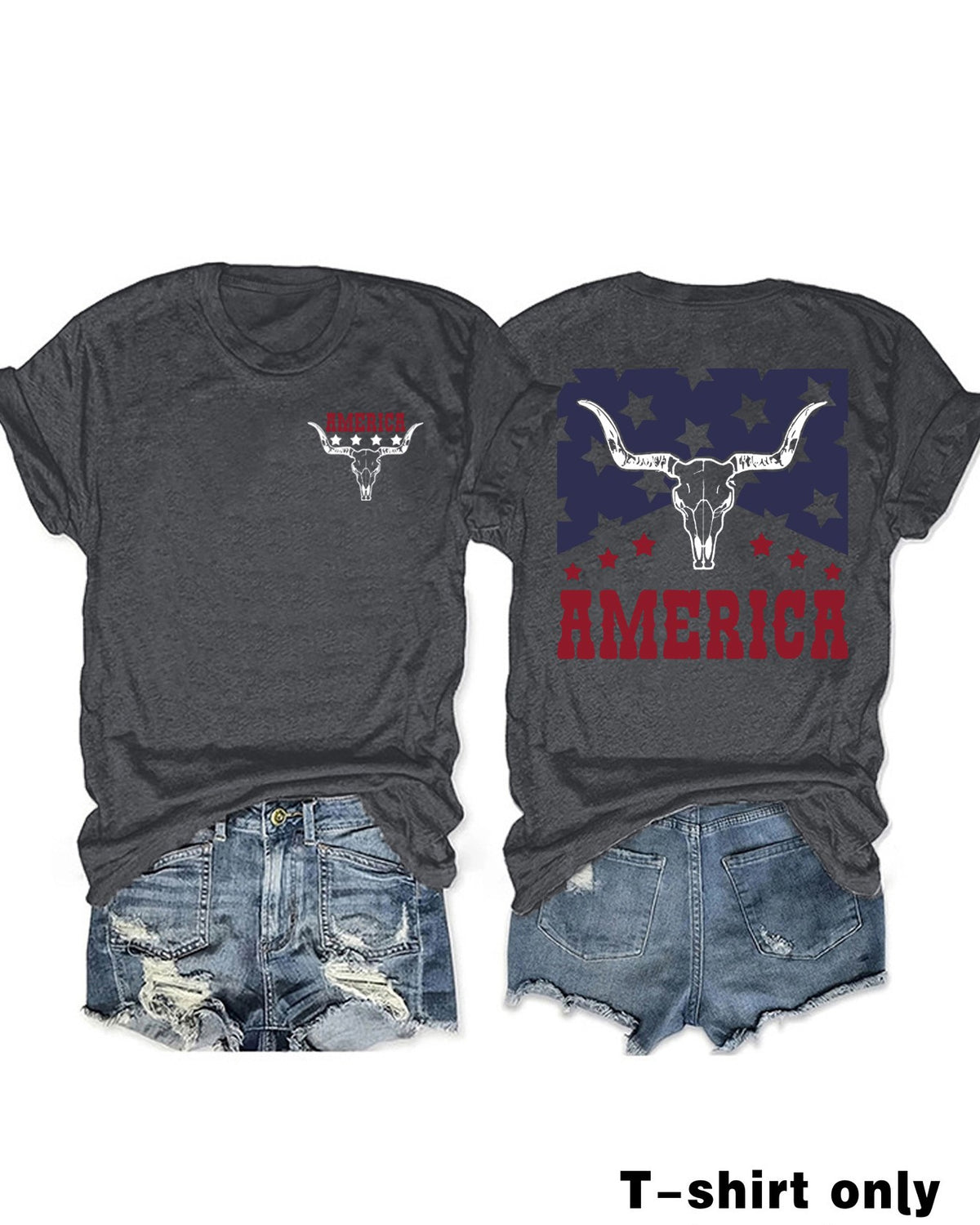 Western Longhorn Skull Stars Graphic Tee - DarkGrey