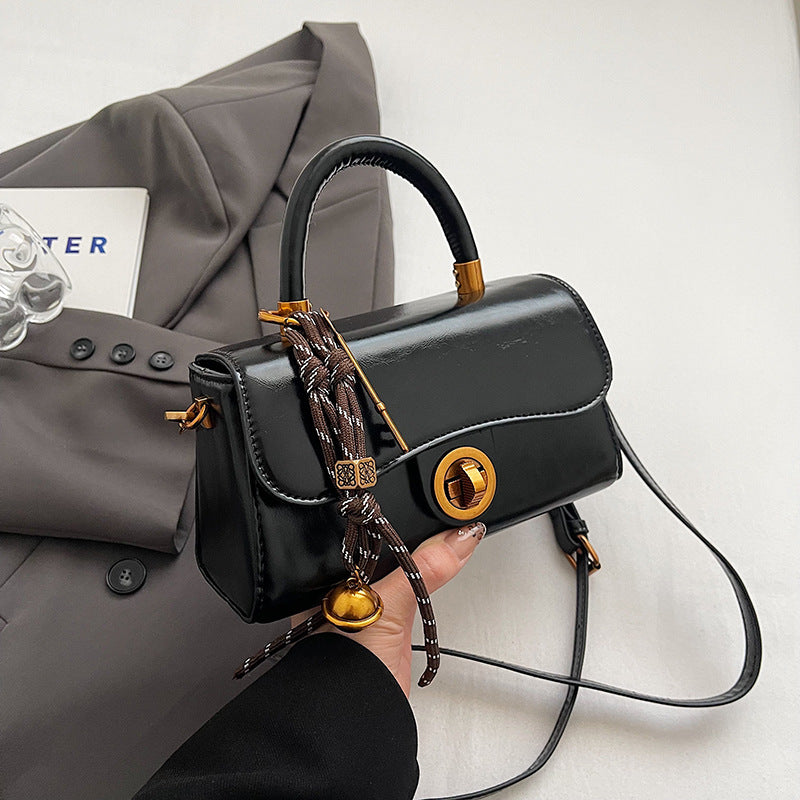Turnlock Top Handle Bag With Scarf Charm - Black_1