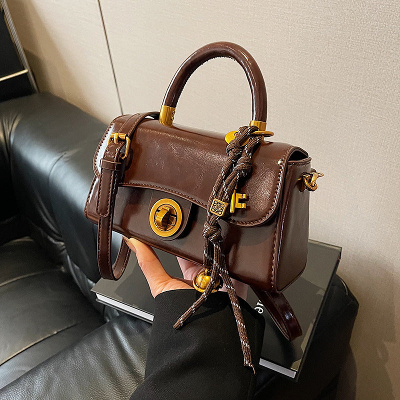 Turnlock Top Handle Bag With Scarf Charm - Coffee_1