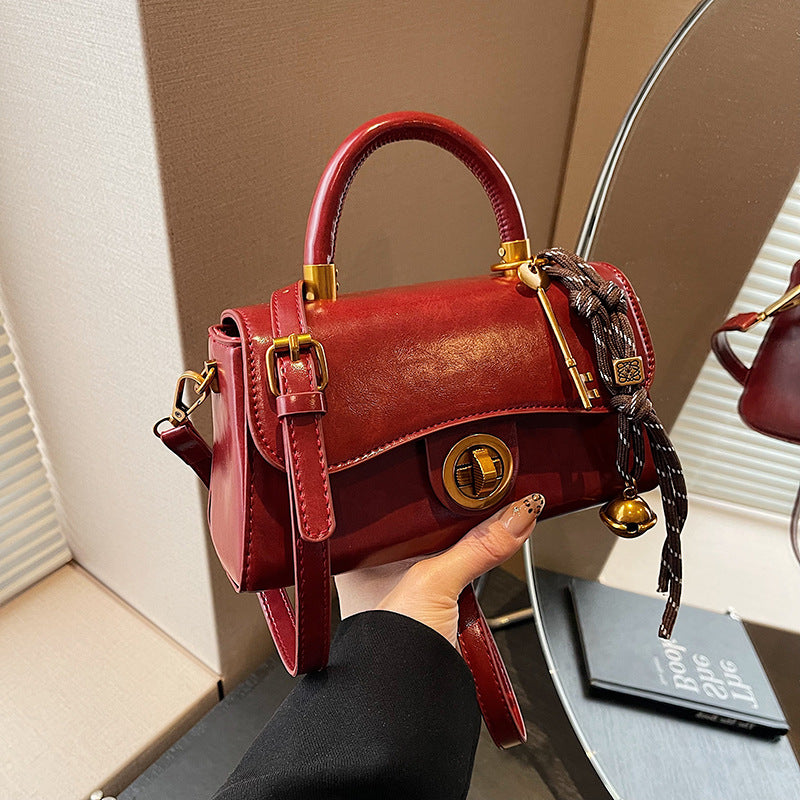 Turnlock Top Handle Bag With Scarf Charm - Red_1