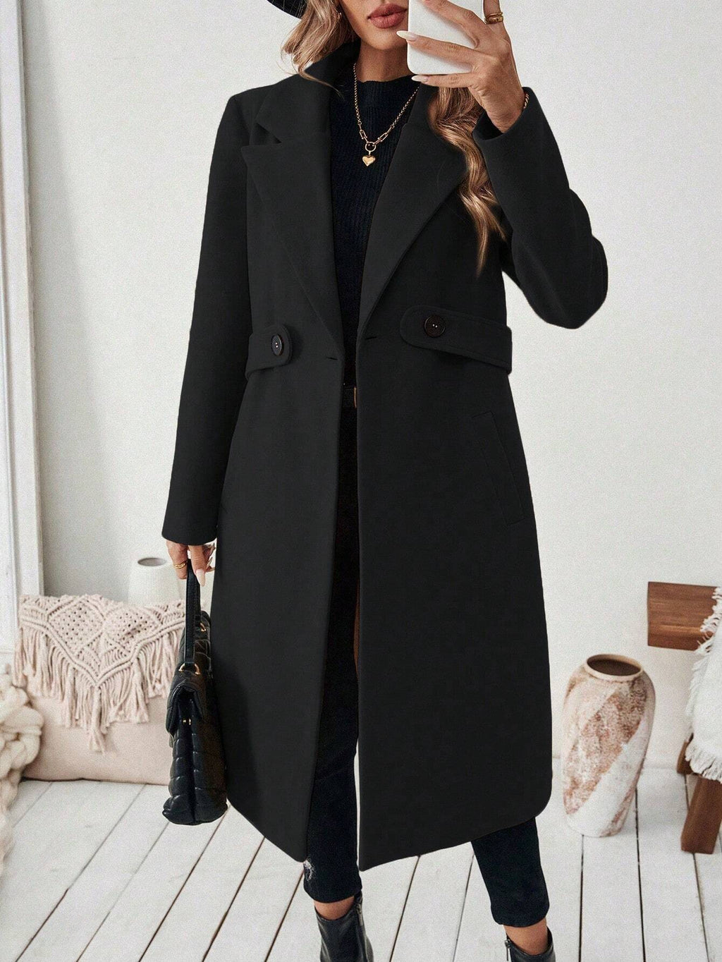 Notch Lapel Belted Longline Overcoat - Black