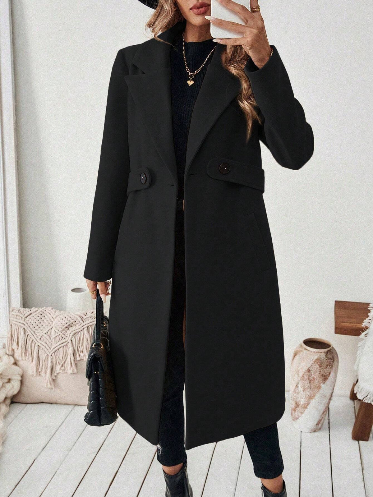 Notch Lapel Belted Longline Overcoat - Black