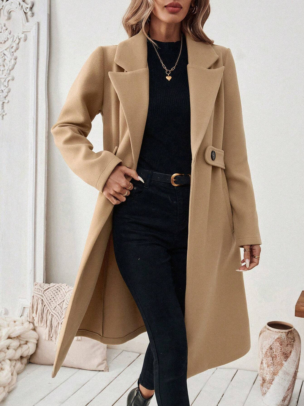 Notch Lapel Belted Longline Overcoat - Camel