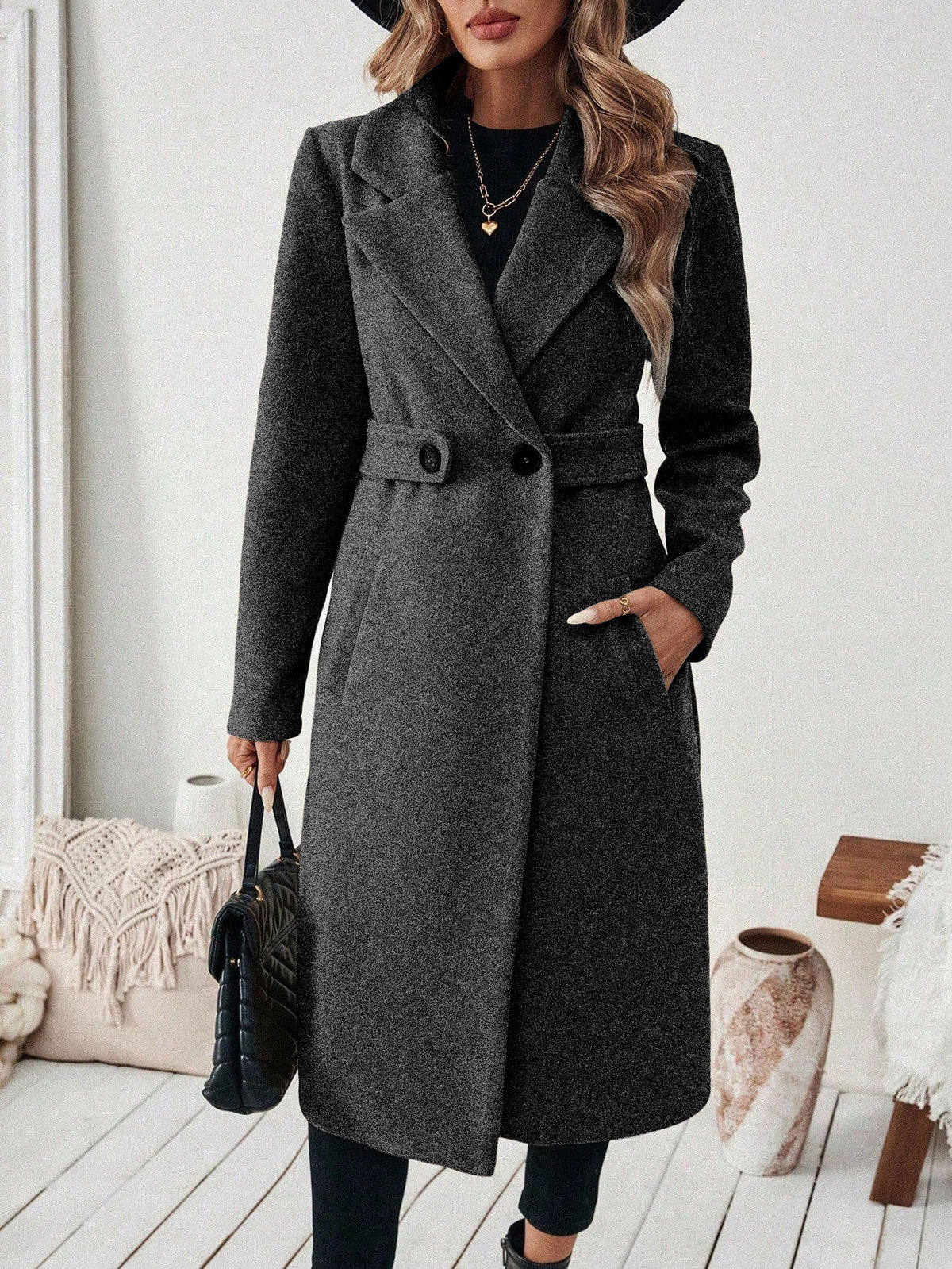 Notch Lapel Belted Longline Overcoat - Grey