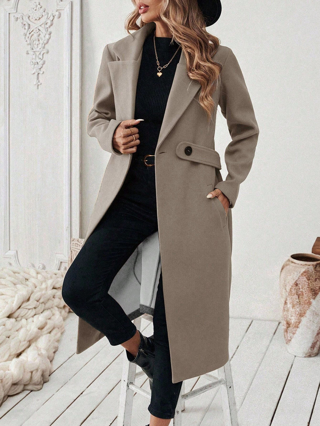 Notch Lapel Belted Longline Overcoat - Khaki