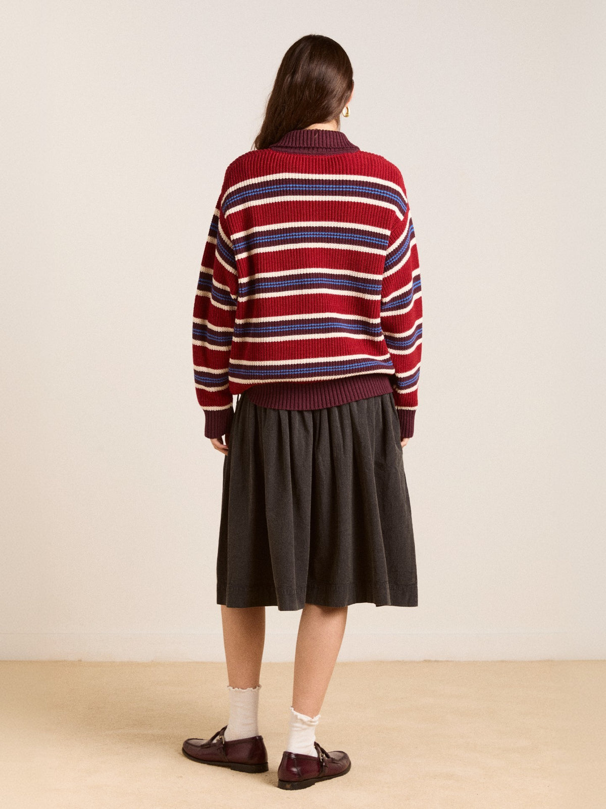 Retro Striped Polo Collar Knit Sweater - red - 3