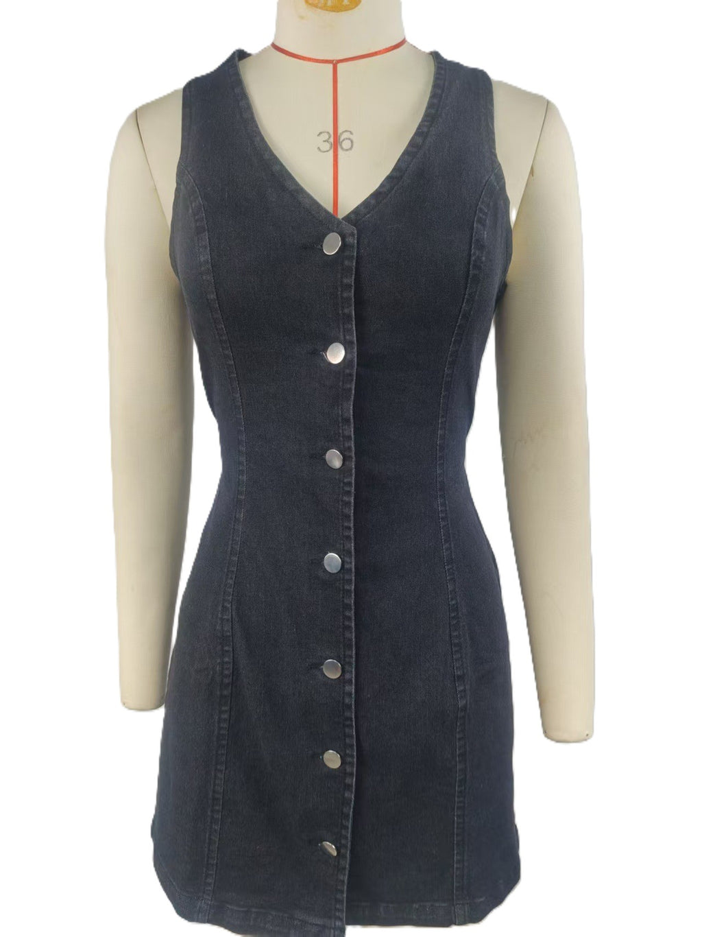 Button Front Denim Mini Dress With Tie Back - Black