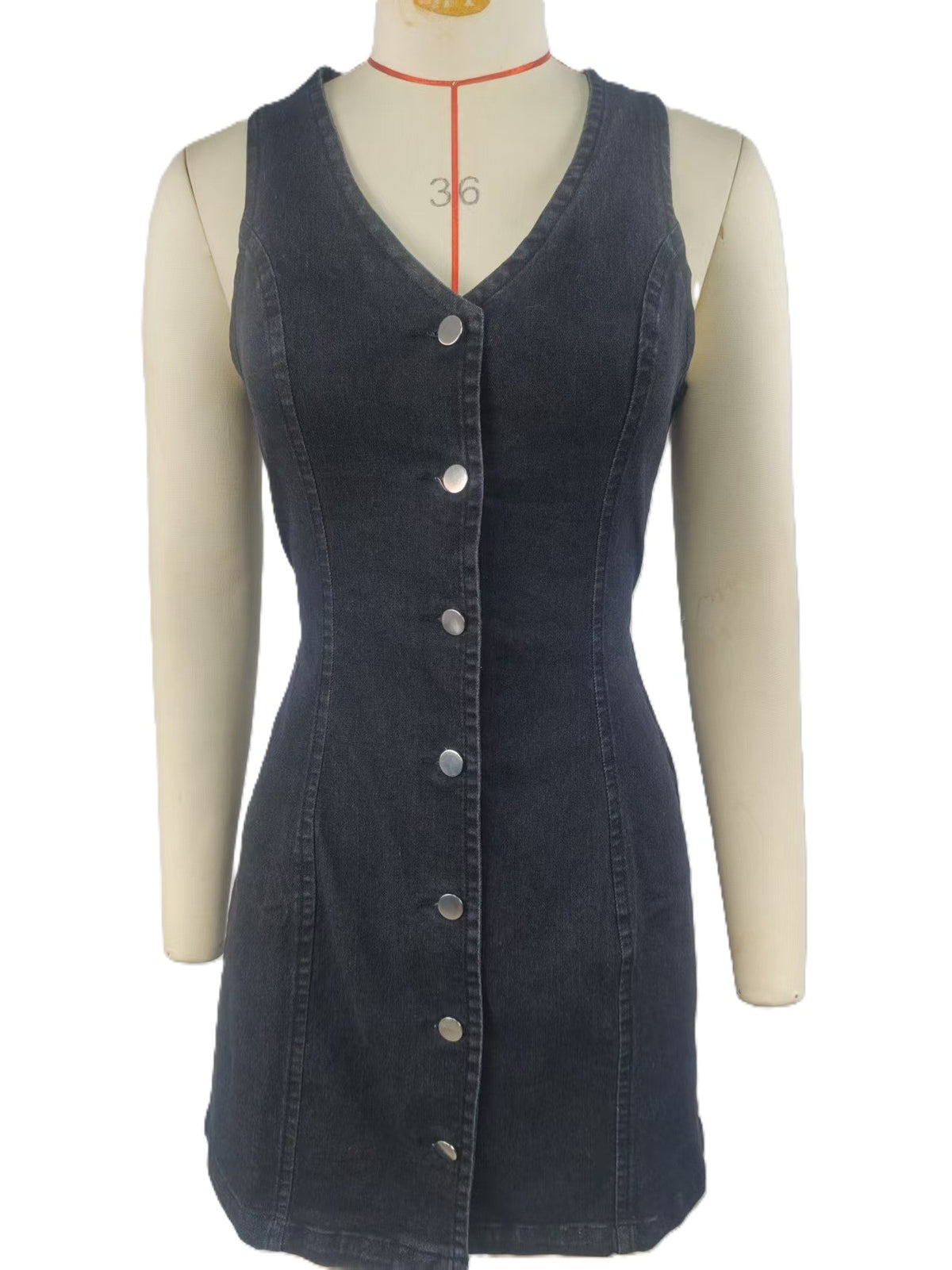 Button Front Denim Mini Dress With Tie Back - Black