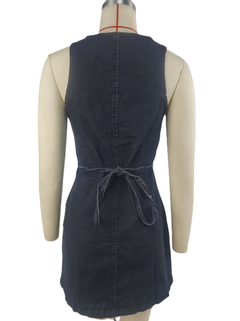 Button Front Denim Mini Dress With Tie Back - Black - 1