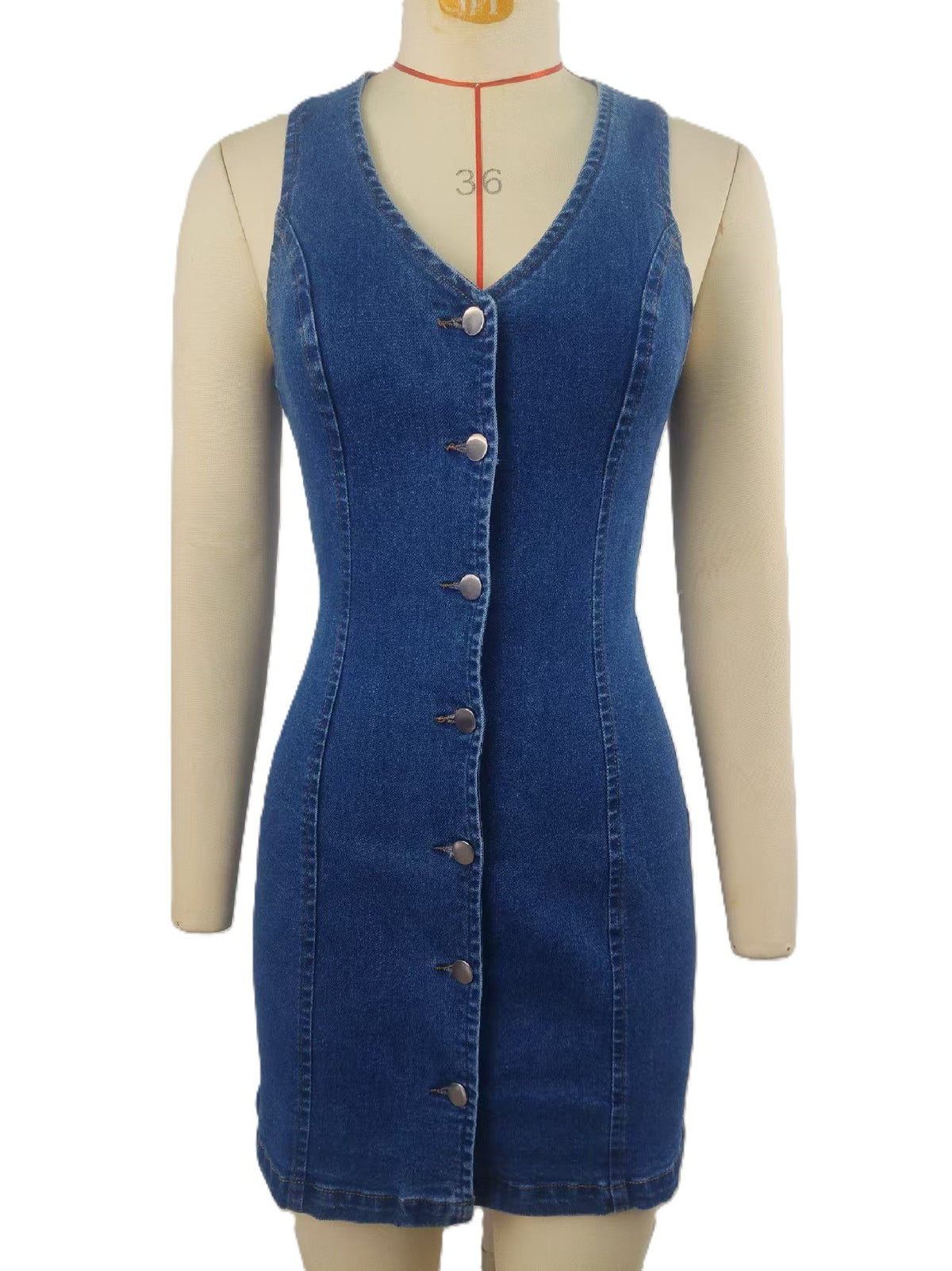Button Front Denim Mini Dress With Tie Back - Blue - 1
