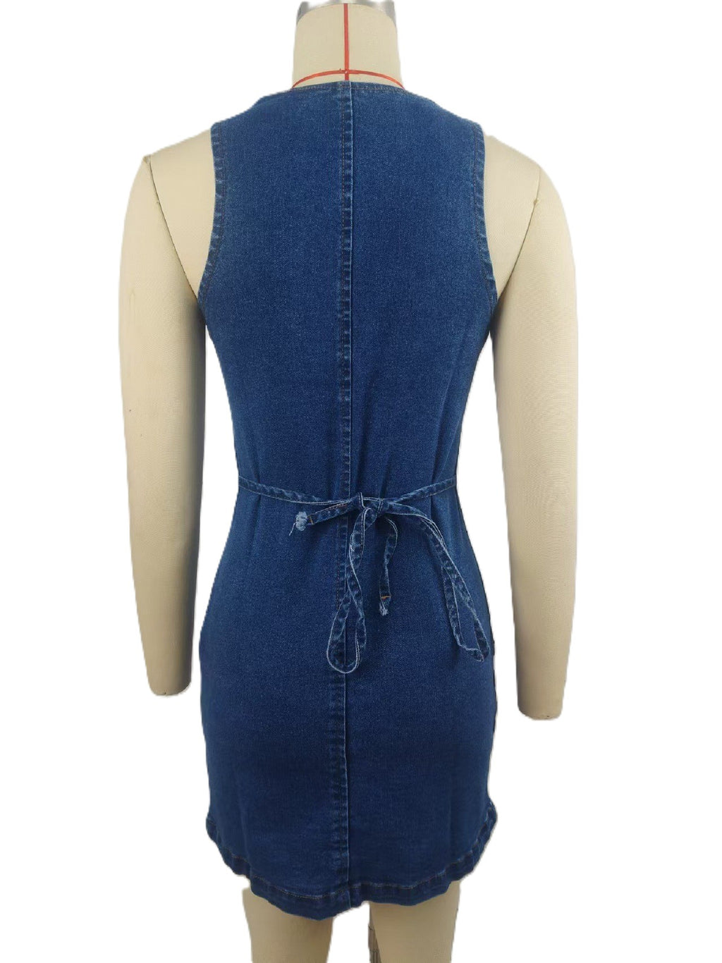 Button Front Denim Mini Dress With Tie Back - Blue - 2