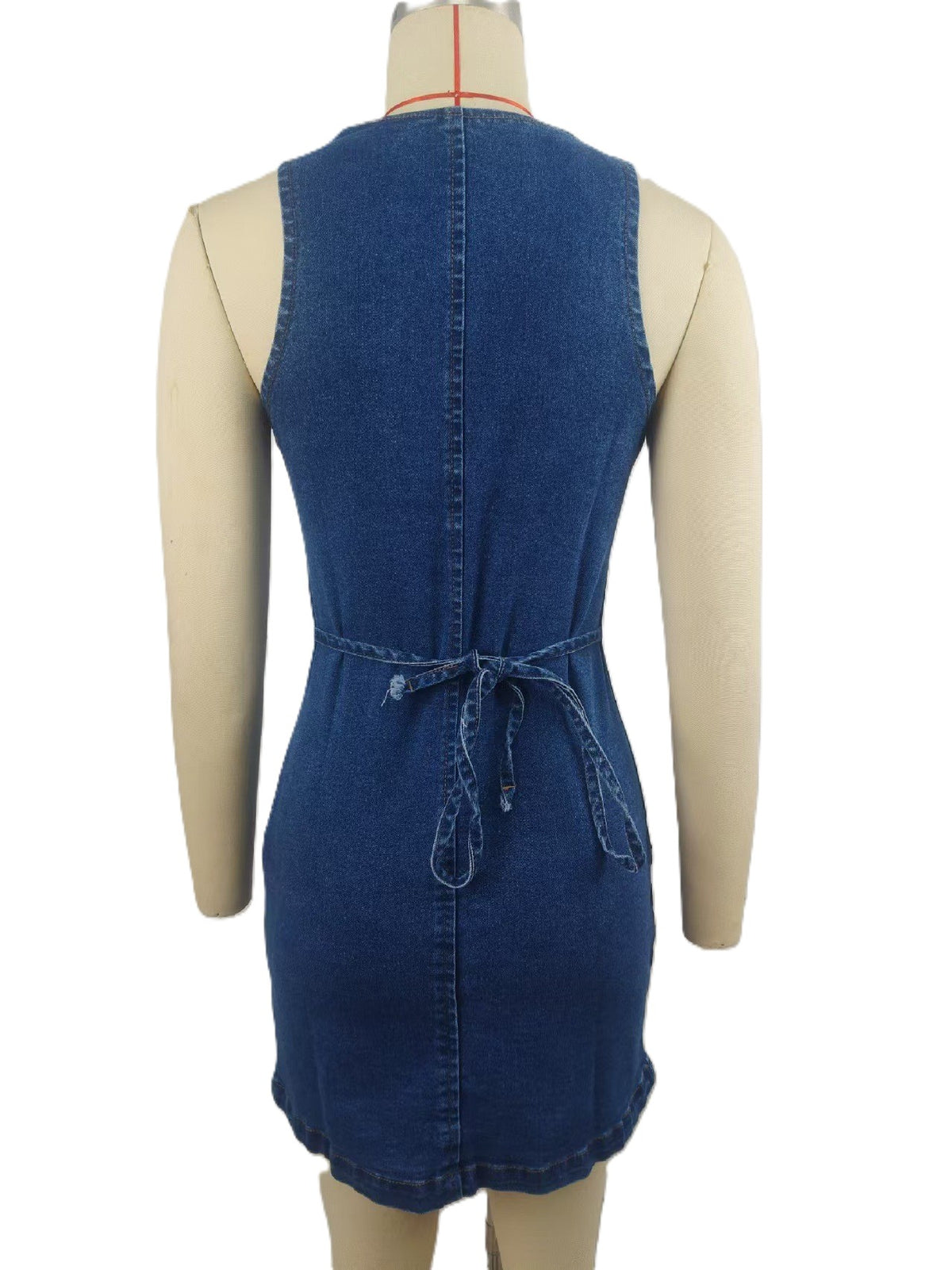 Button Front Denim Mini Dress With Tie Back - Blue - 2