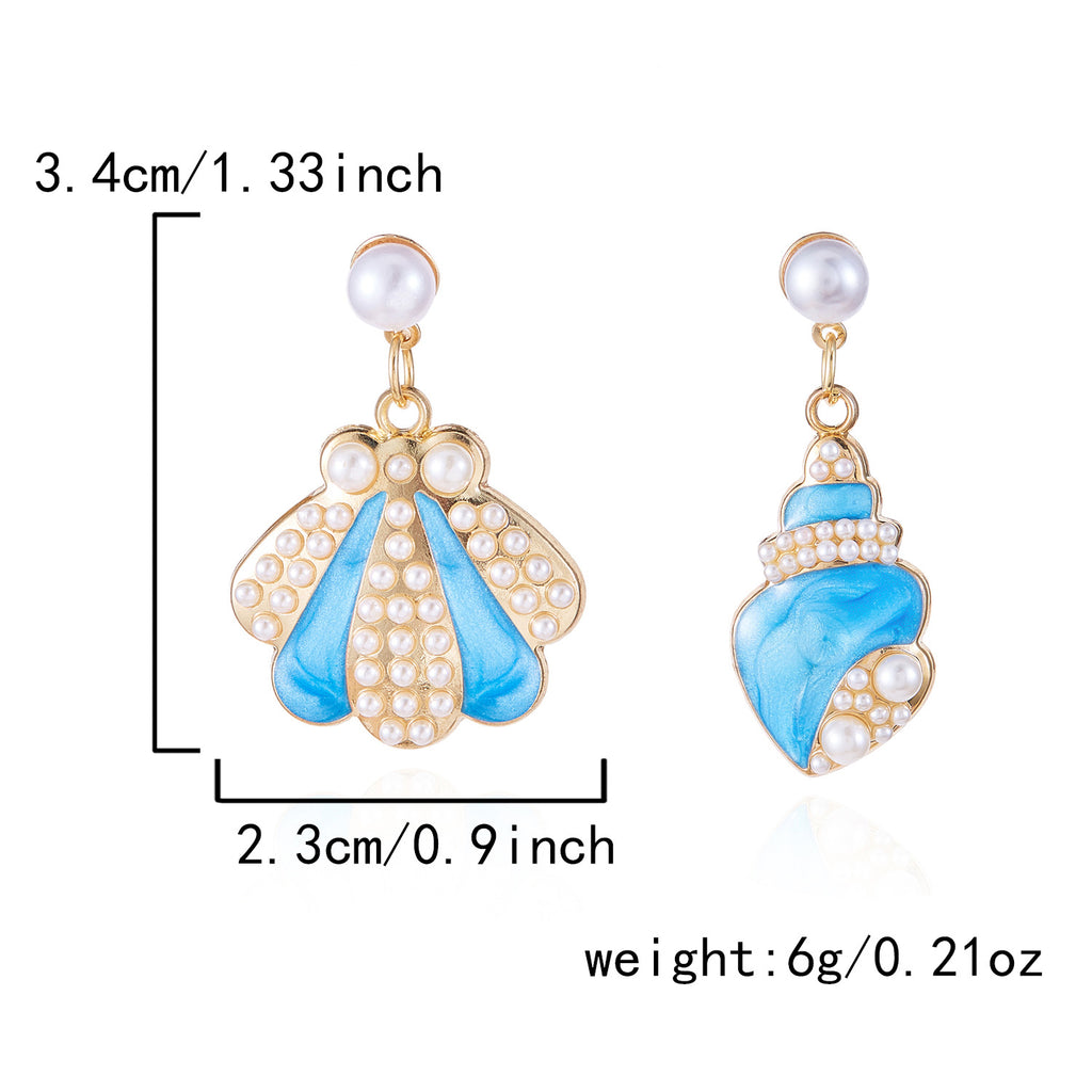 Asymmetric Shell Conch Pearl Drop Earrings - Blue
